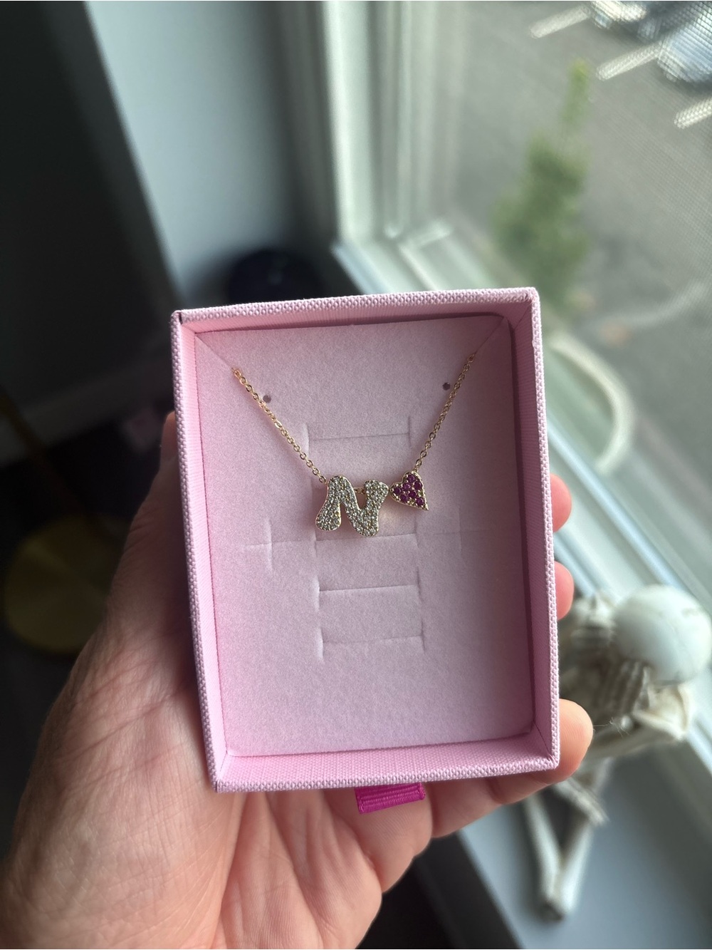 Gold Initial 'N' Necklace with Pink Heart Pendant